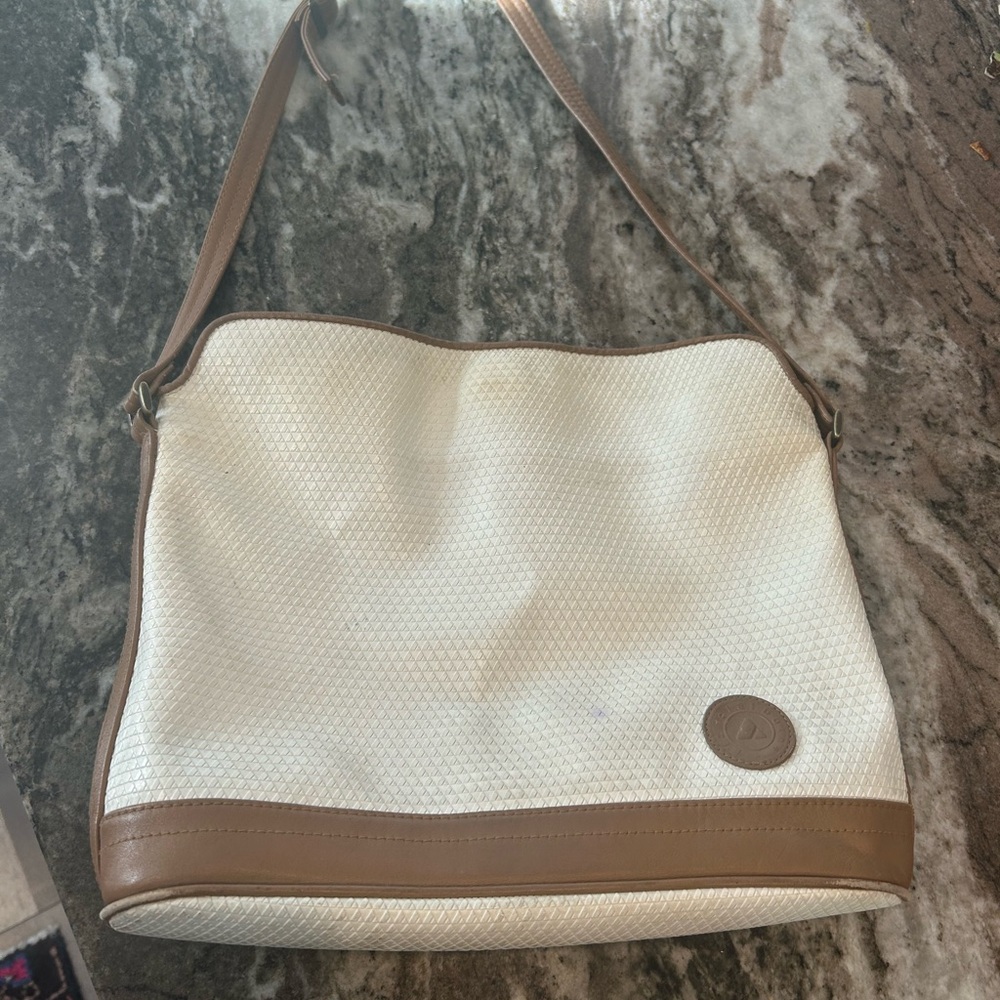 VINTAGE Liz Claiborne Cream and Brown Shoulder Bag has wear stains